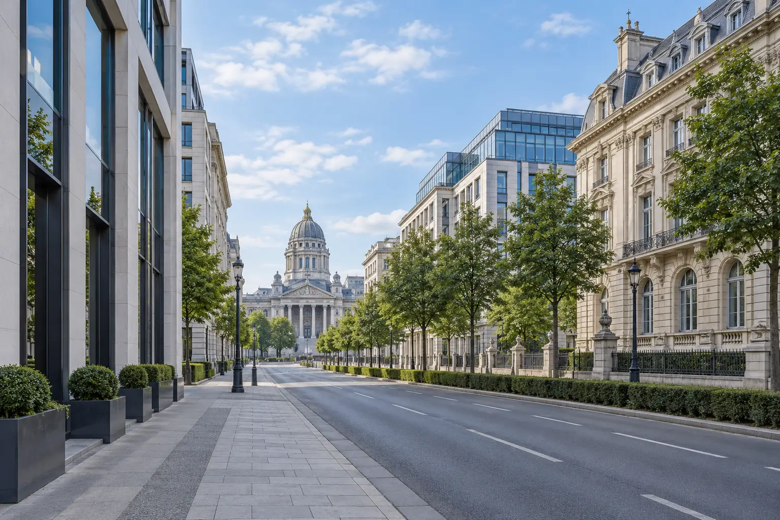 Avenida de una capital europea con edificios de oficinas modernos junto a arquitectura clásica